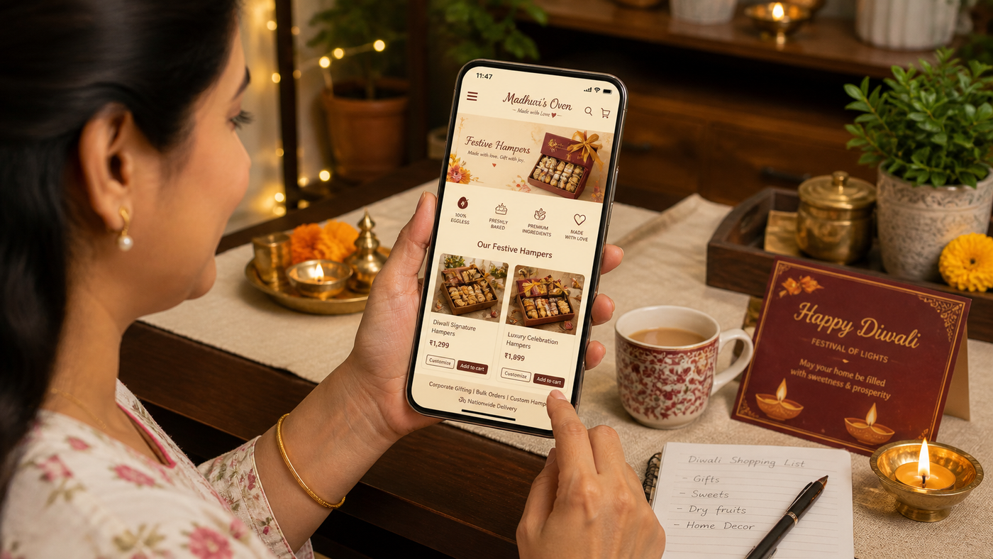 Customer at home dining table holding phone showing Madhuri's Oven website festive hamper grid — Diwali theme. Hot chai cup + Happy Diwali card + Diwali shopping list beside