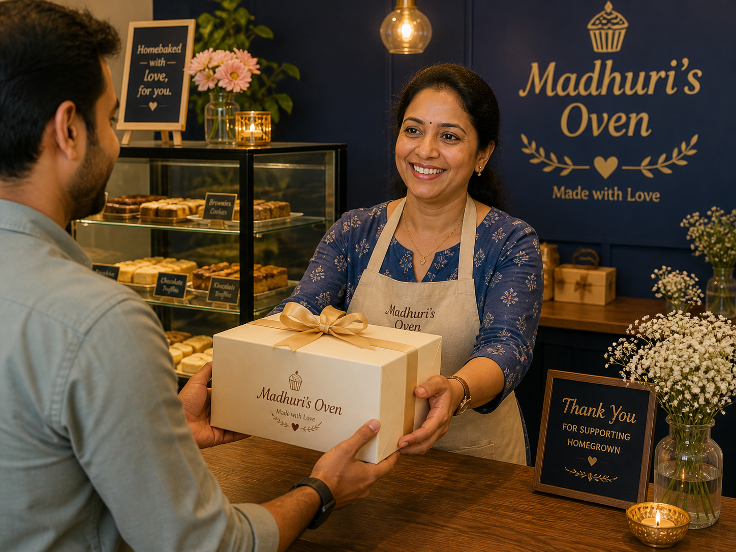 Customer at Madhuri's Oven counter receiving wrapped gift cake box from Madhuri ji — 'Made with Love' signage on box, 'Thank You for Supporting Homegrown' chalkboard beside