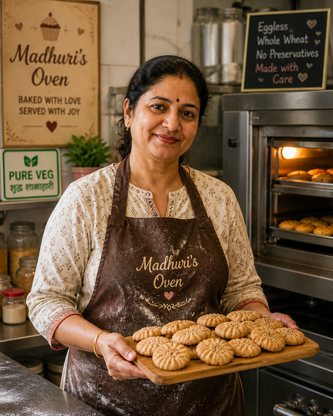 Madhuri Joshi — founder of Madhuri's Oven, Indore. In flour-dusted apron holding tray of fresh-baked whole-wheat atta cookies. Pure Veg badge + 'Eggless · Whole Wheat · No Preservatives · Made with Care' chalkboard signage behind