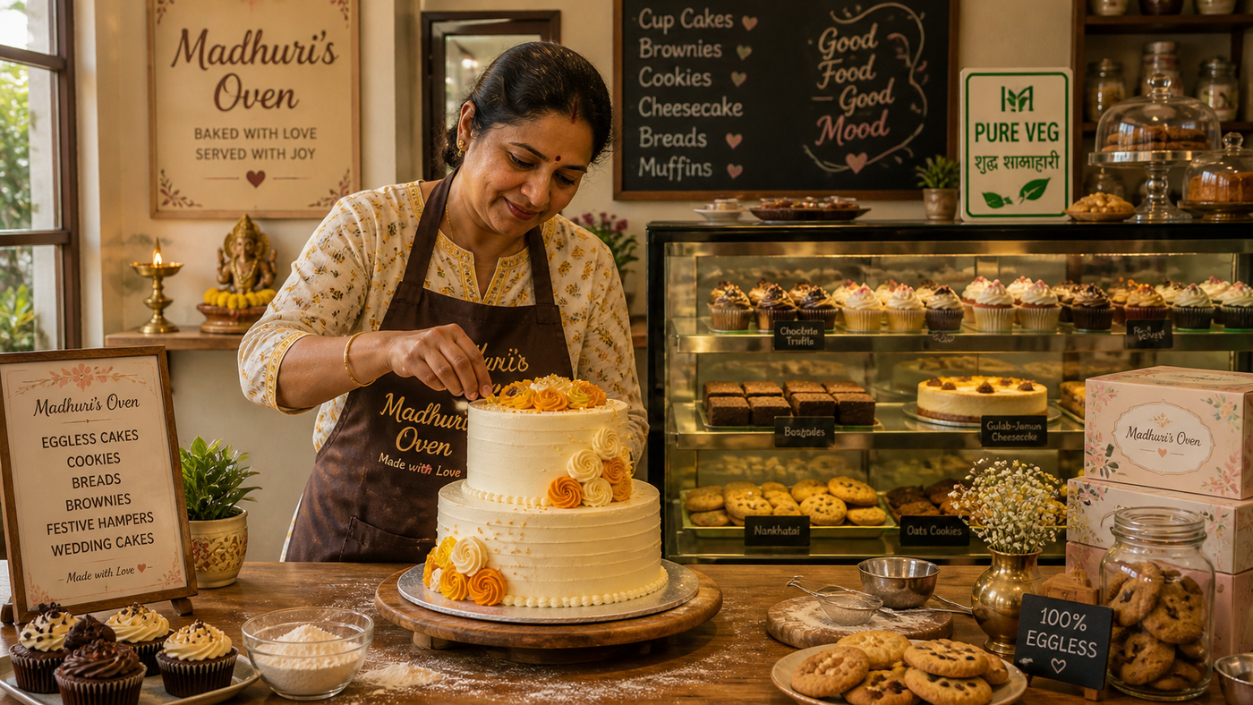 Madhuri Joshi at her bakery counter decorating a 2-tier eggless cake with saffron rosettes — Madhuri's Oven backdrop, 100% Eggless and Pure Veg / शुद्ध शाकाहारी signage visible