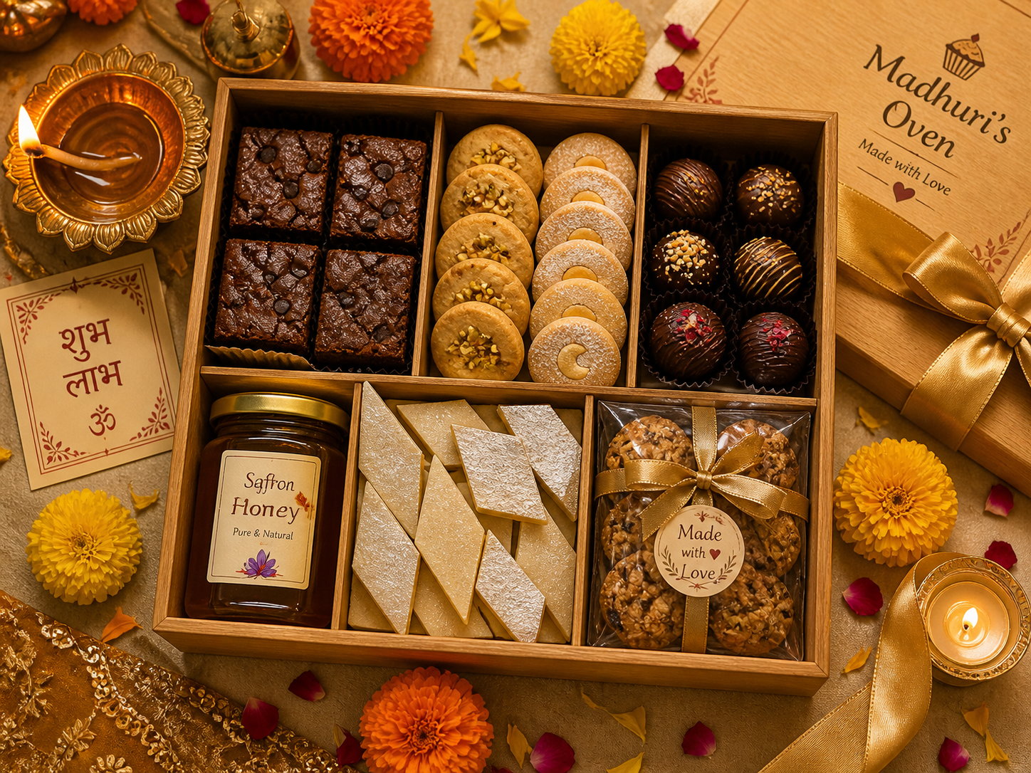 Madhuri's Oven Diwali festive hamper — wooden box with brownies, saffron-pista nankhatai, dark-chocolate truffles, saffron honey jar, kaju katli, brass diya. 'शुभ लाभ ॐ' tile + marigold petals around
