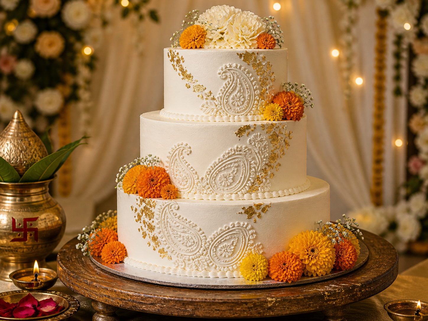 Madhuri's Oven 3-tier eggless wedding cake — ivory buttercream with hand-piped white-on-white paisley + gold-leaf accents, fresh marigold at base, brass kalash + swastika tile beside