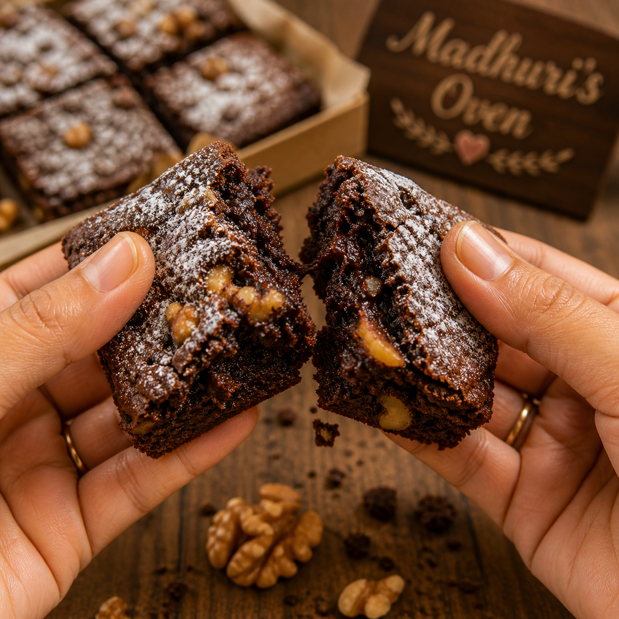 Madhuri's Oven walnut brownie broken in half by hand — visible fudgy chocolate interior, embedded walnut pieces, dusting of icing sugar. Madhuri's Oven kraft box behind